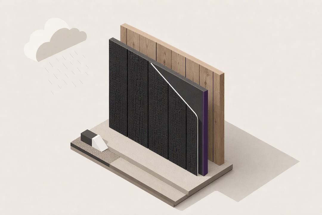 Isometrisk illustration av bränd träfasad