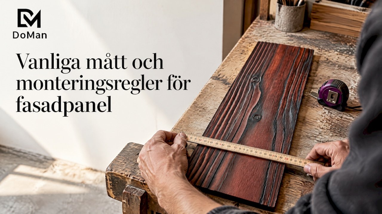 Mahognyfärgad fasadpanel mäts på arbetsbänken
